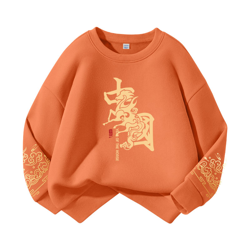 

Детский свитшот с круглым вырезом Moderate WARRIOR, [fleece-lined]warm оранжевый/h ma texture china+h right sleeve золото-stamped k+h left sleeve hot-stamped k