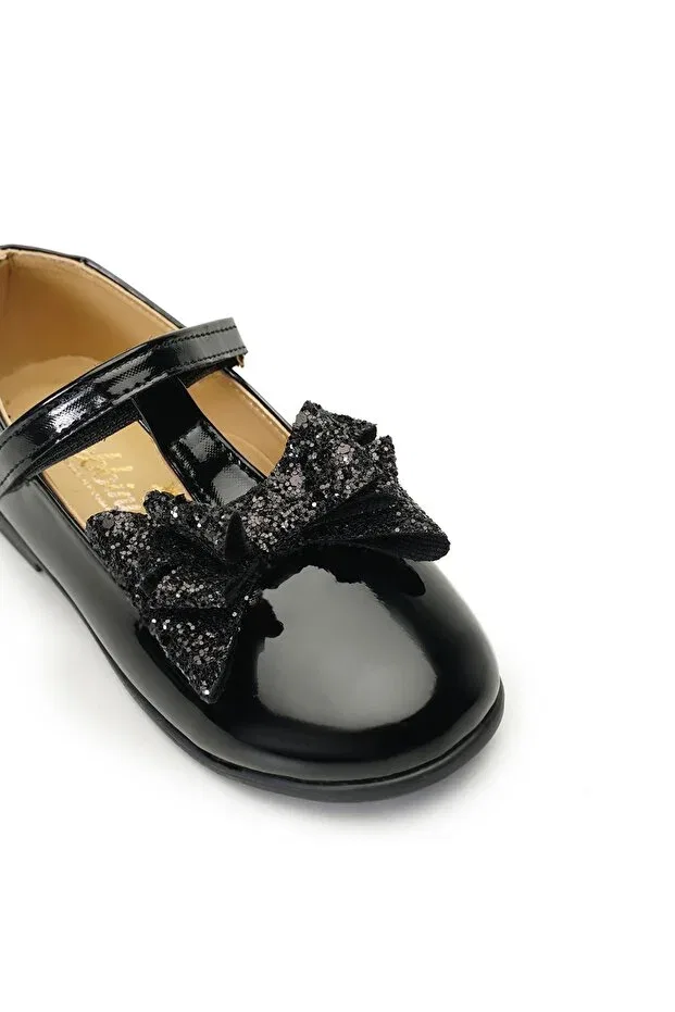 Детские балетки для девочек с принтом T-Bar black vegan girl's ballerinas with sequined bow Bebbini, Black — фото 3