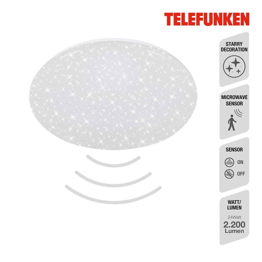 

[T] Telefunken PETSCHORA - Светодиодный потолочный светильник - 601806TF - детектор движения - диапазон датчика 8 м - установка времени 5 секунд, 1 минута, 3 минуты, 10 минут. - Датчик дневного света - Эффект звездного сияния - IP20 - 20 000 ч -...