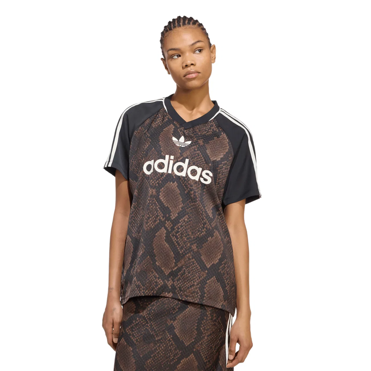 Женская футболка с принтом Snake Print Satin Short Sleeve Jersey, adidas, Aurora Coffee/Earth Strata