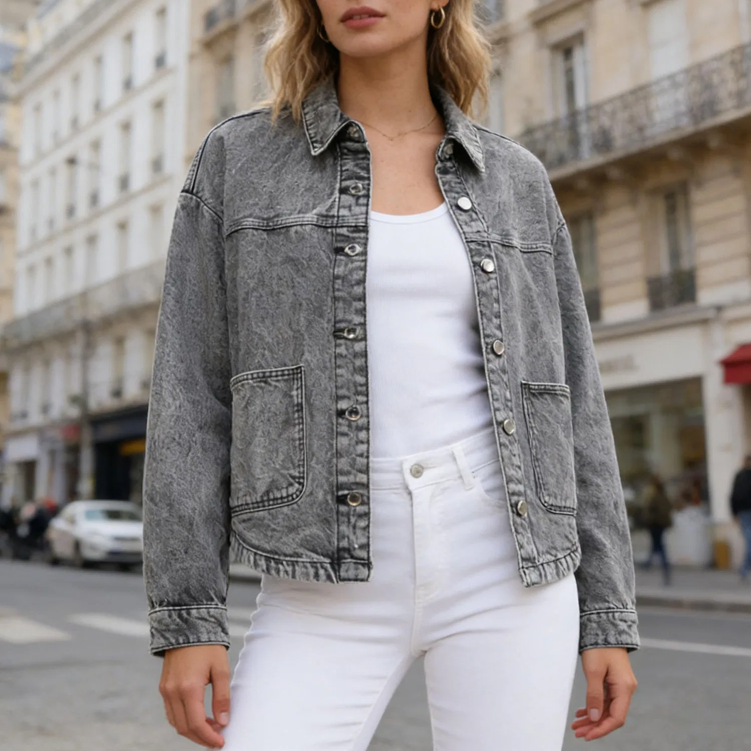 Женская джинсовая куртка oversize с пуговицами и карманами, Grigio — фото 3