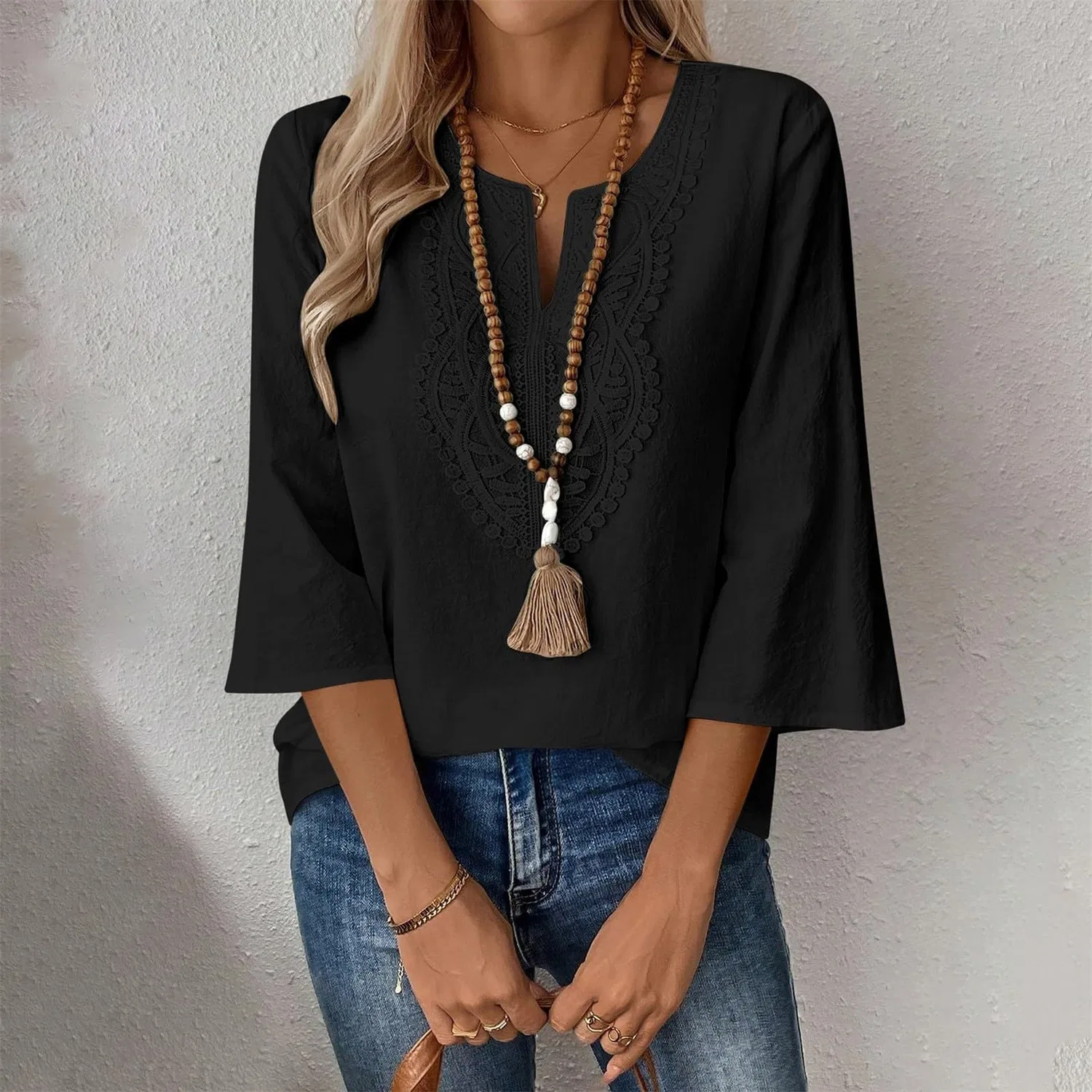 Женская льняная туника с вышивкой Retro 3/4 Sleeve Boho Casual Loose Fit Lightweight Summer Beach Blouse, D-black — фото 2