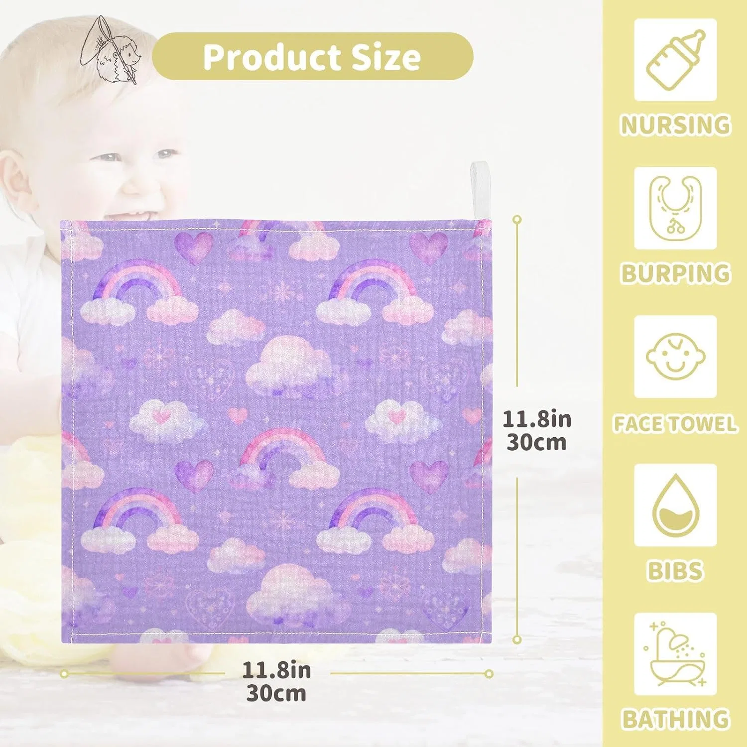 Мочалка из муслина 30x30 см, 4 слоя, GuoChe, Радуга и облака — фото 4