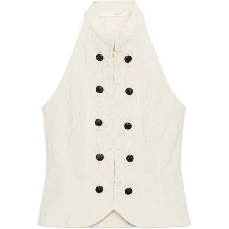 Женский топ без рукавов с воротником-стойкой, белый, ZARA, Raw White