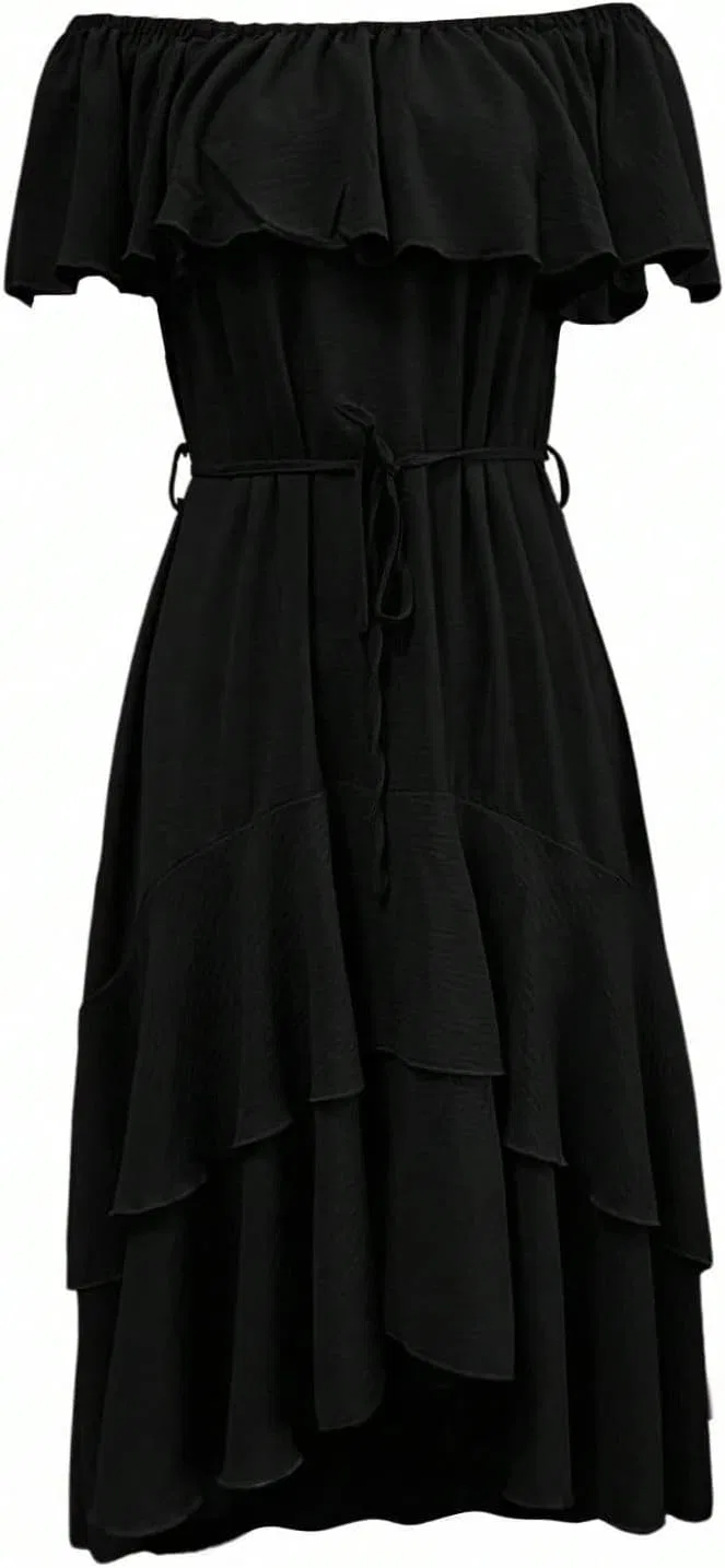 Женское летнее миди-платье асимметричное с открытыми плечами, Black — фото 4