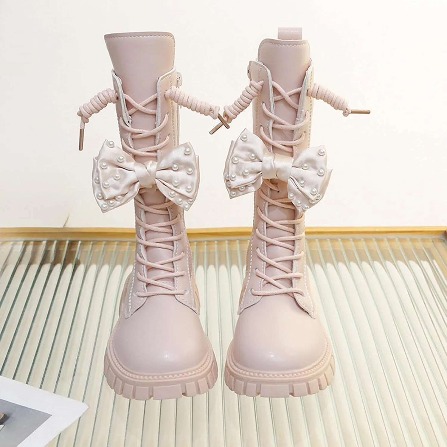 Детские ботинки для девочек с принтом и шнуровкой, модель Girls Lace Up Combat Boots, Pink — фото 3