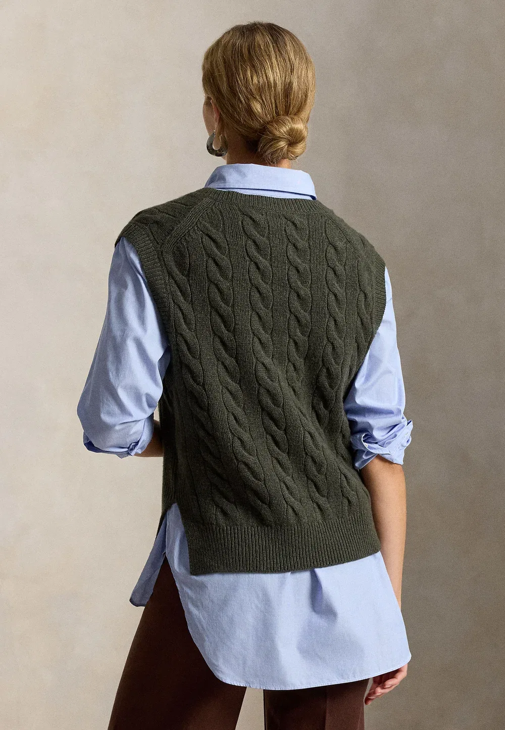 Свитер-Жилет крупной вязки из шерсти и кашемира Polo Ralph Lauren, Olive Umber Heather — фото 3