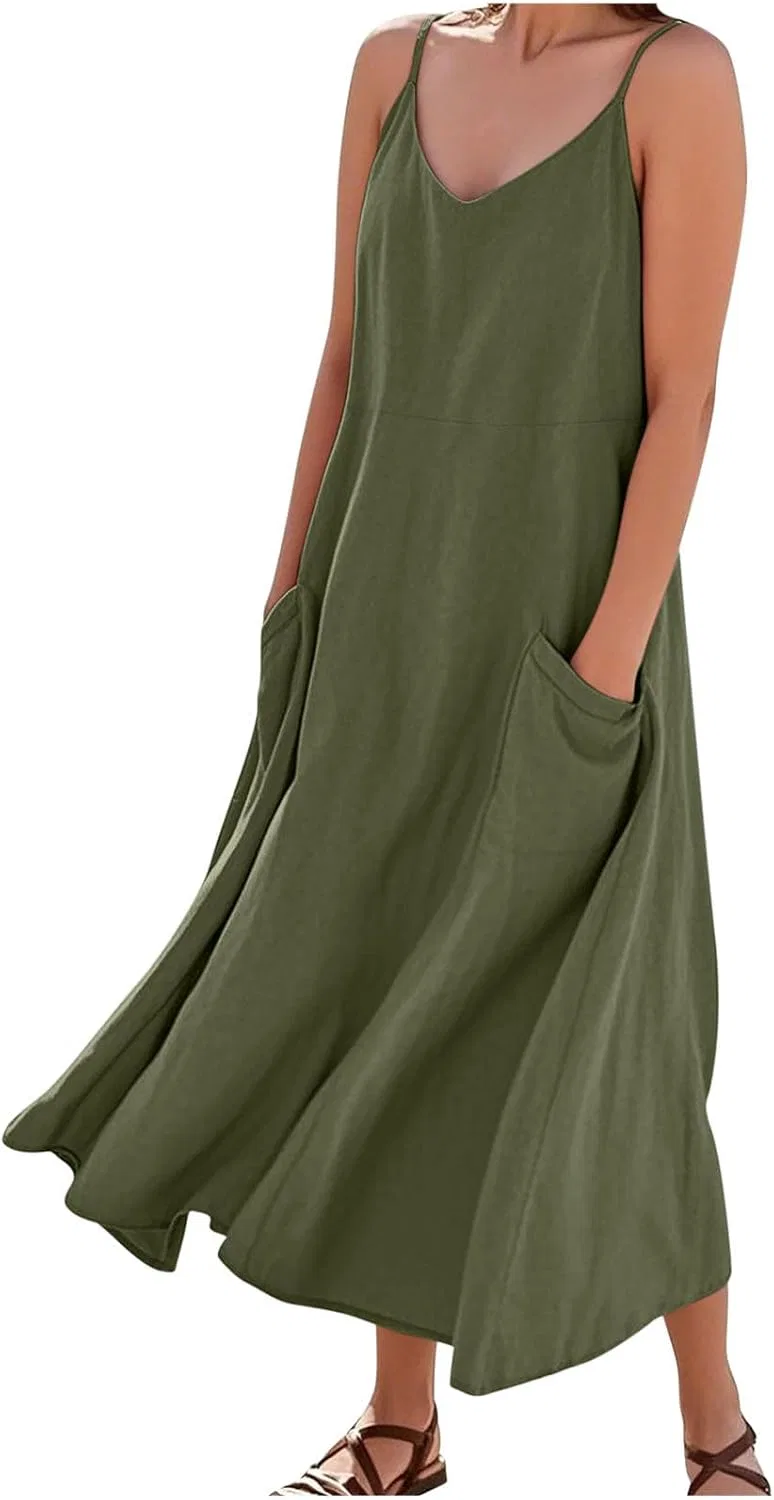Женское летнее сарафан без рукавов с карманами, Army Green