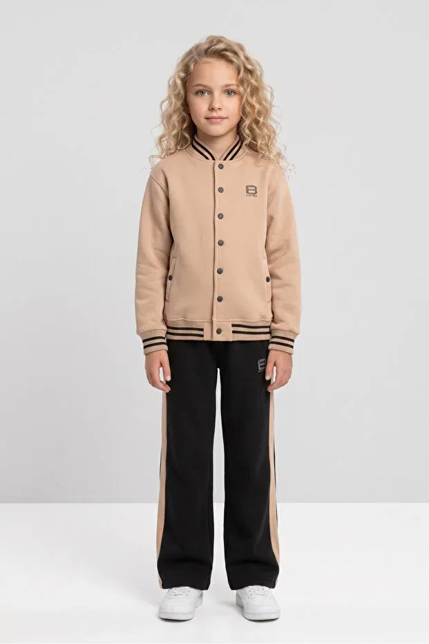 Детский спортивный костюм для девочек с принтом College Collar Wide Leg Tracksuit Set Black One, Beige — фото 3