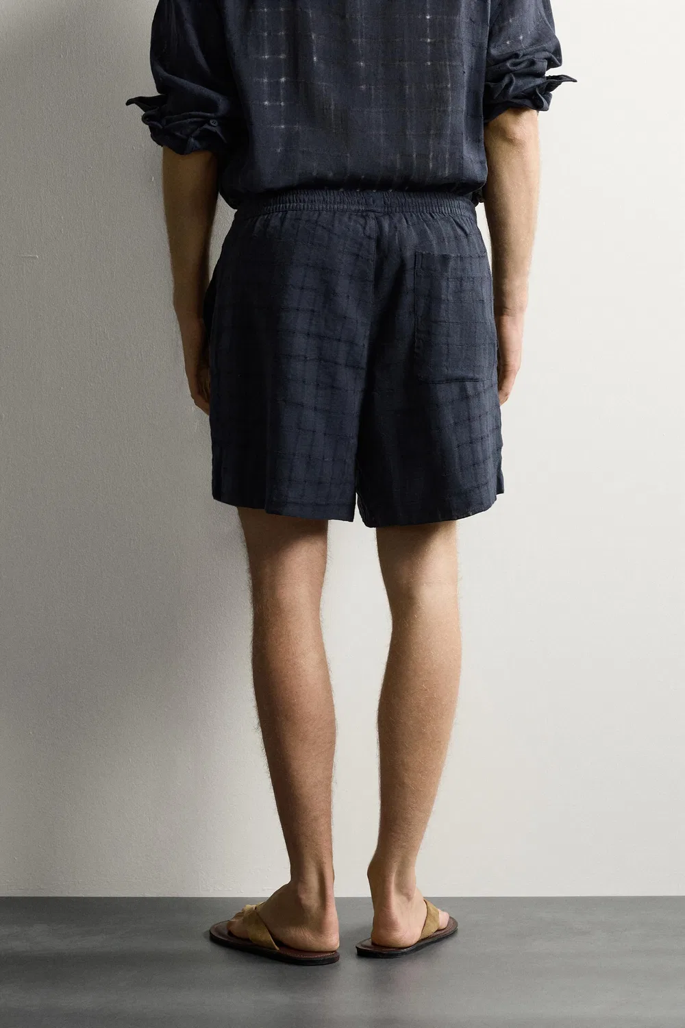 Шорты-бермуды из клетчатого жаккарда из хлопка и льна ZARA, Navy blue — фото 3