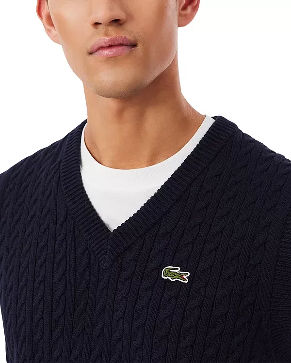 Мужской свитер с v-образным вырезом без рукавов Cable Knit Cotton Lacoste, Navy Blue/Green — фото 4