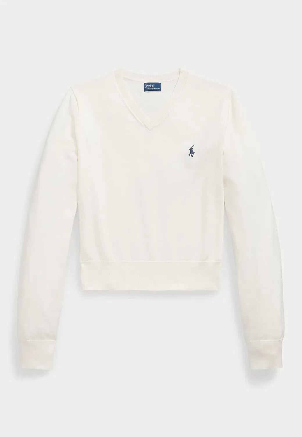 Усаженный свитер с V-образным вырезом из смесовой хлопковой ткани Polo Ralph Lauren, Collection Cream — фото 4