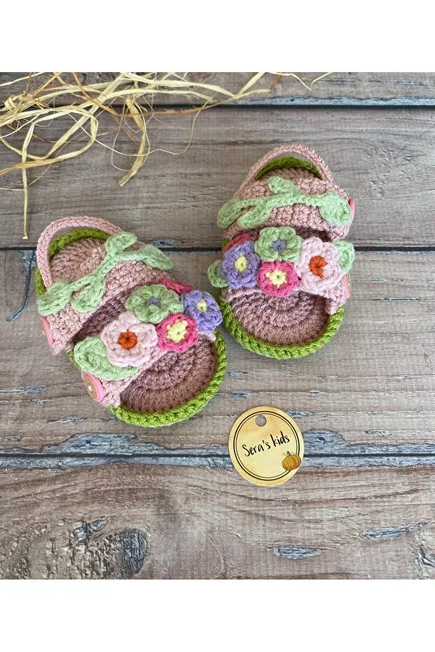 Детские сандалии для девочек без каблука Hand knitted floral summer baby girl strappy sandals booties Seraskids, Pink — фото 3