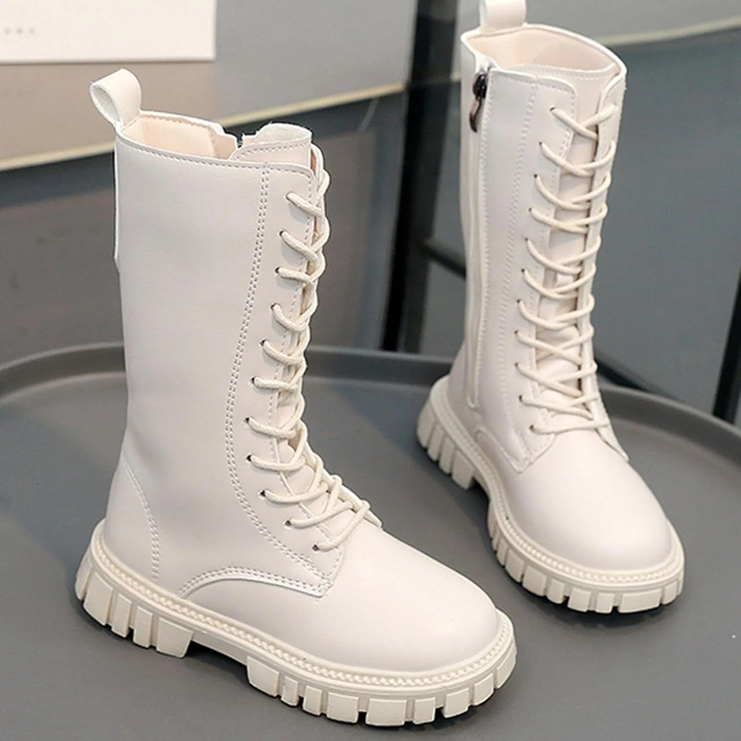 Детские ботинки для девочек с принтом Combat Lace Up Punk Boot, White — фото 4