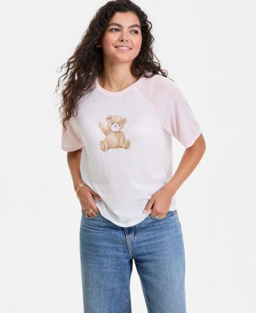 Топ с реглан-рукавами и принтом Varsity Hippie Rose, White/Pink Bear