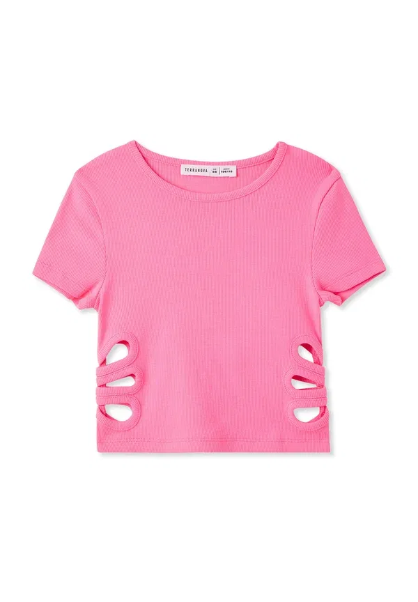 Футболка хлопковая Crop con dettagli cut-out Terranova, Rosa Barbie Chiaro, светло-розовый — фото 4