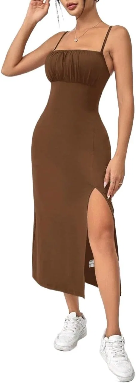 Женское платье миди с разрезом Cami, Coffee Brown