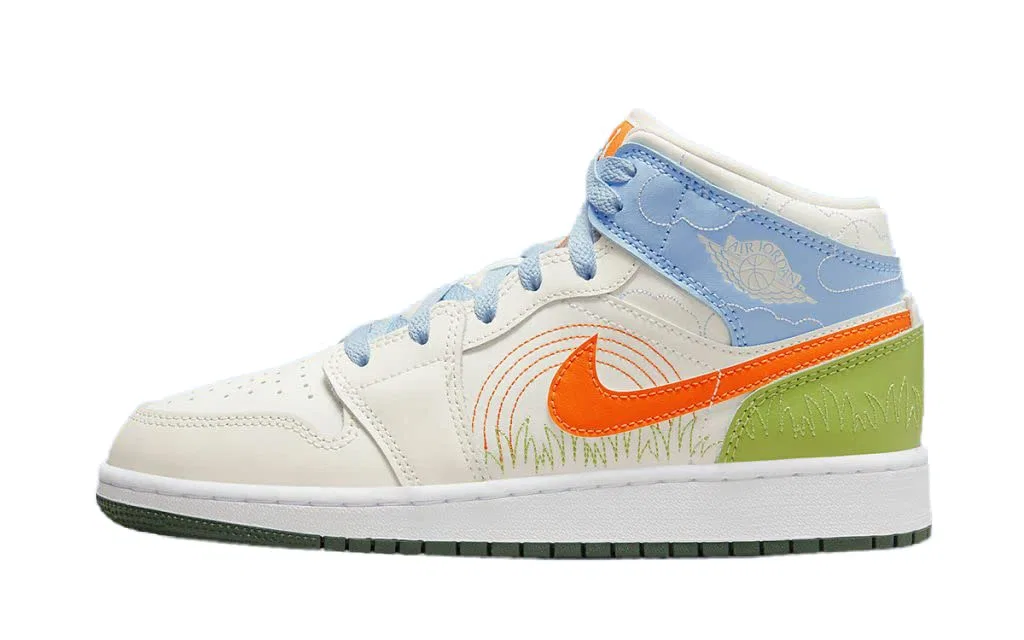 Детские кроссовки для мальчиков кожаные Air Jordan 1 Mid Aquatone (GS), Psychic Blue Safety Orange Veil