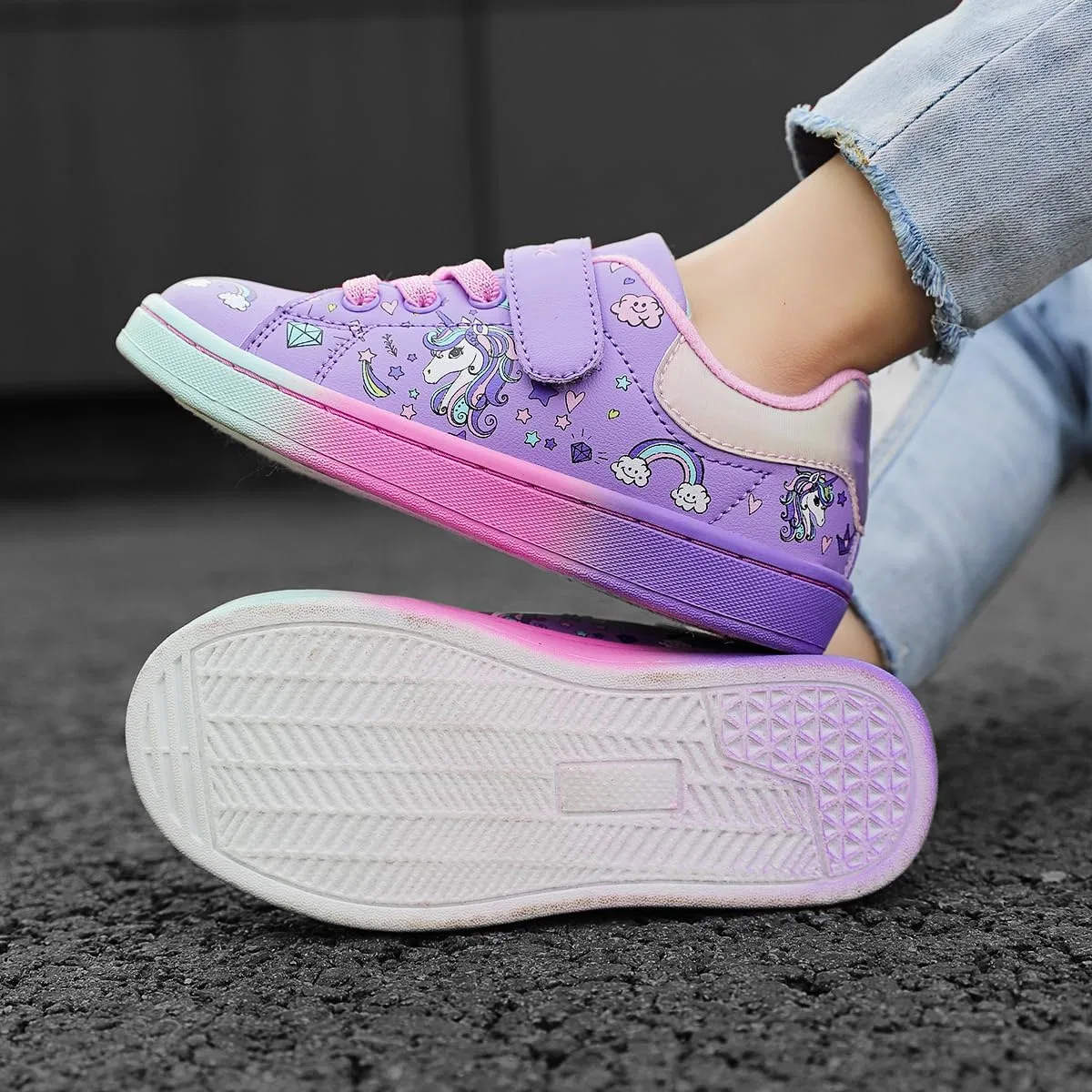 Детские кроссовки для девочек с принтом Unicorn GEERX, Purple Pink — фото 3