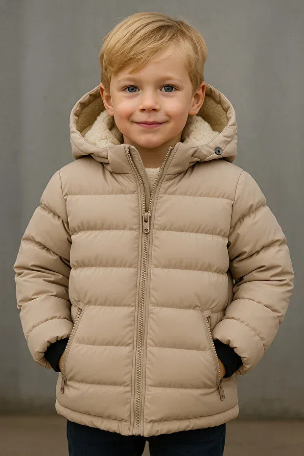Детское зимнее пальто для мальчиков плюшевое с капюшоном Plush Nova Garland, Beige