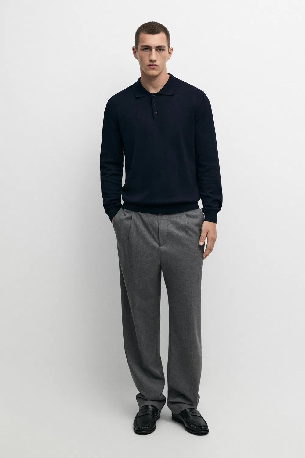 Свитер-поло Massimo Dutti 100% Cotton Knit, темно-синий — фото 3
