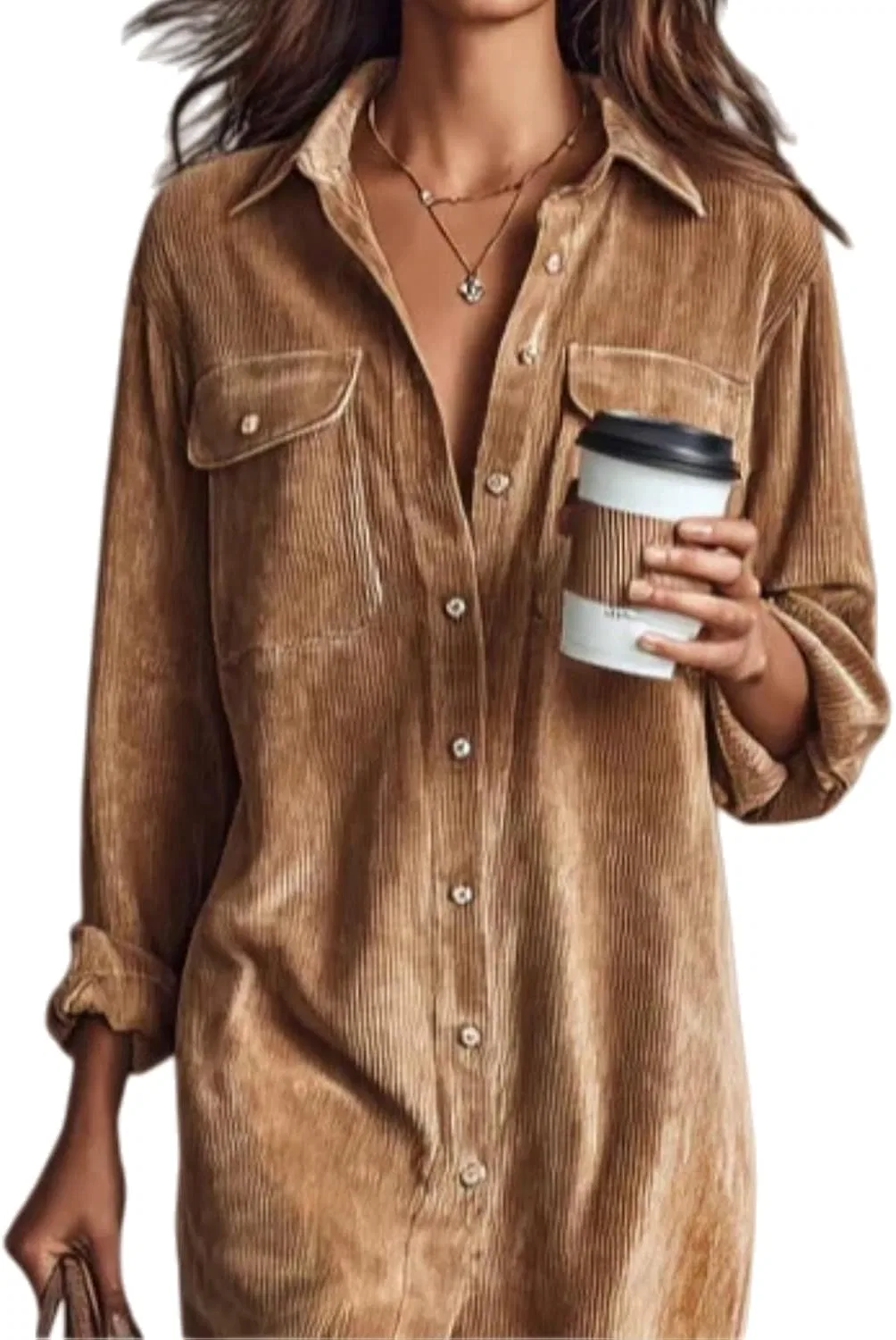 Женское платье из вельвета с воротником-стойкой и пуговицами Corduroy, Brown — фото 2