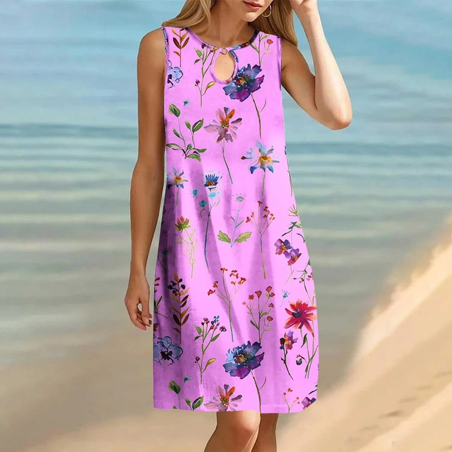 Женское летнее мини-платье с цветочным принтом, Sleeveless Keyhole, Pink — фото 3