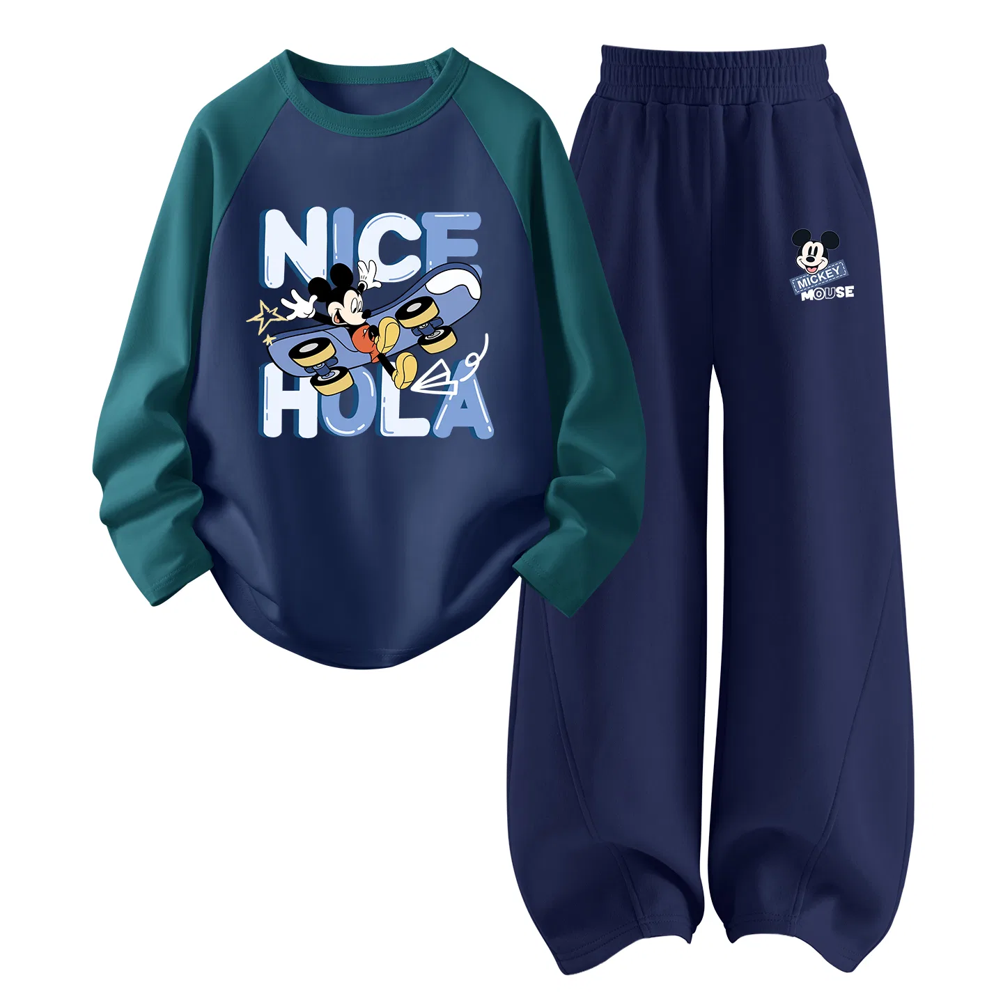 Детский спортивный комплект из трикотажа с круглым вырезом, с принтом, Disney, Dark Green Blue+Di Happy K Navy Blue