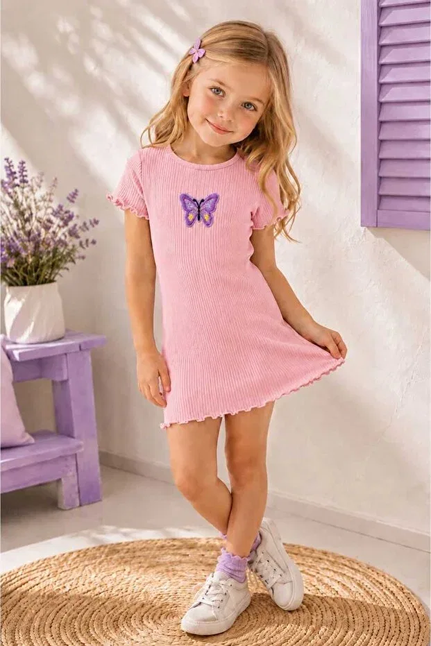 Детское платье для девочек с принтом Butterfly Detailed Corded My Kids Wear, Beige — фото 3