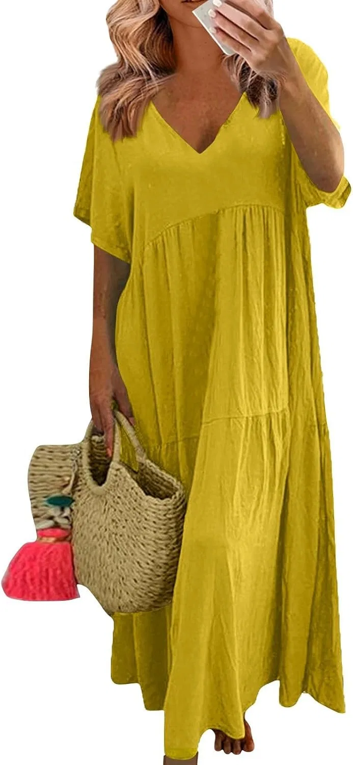 Женское летнее платье макси из льна Oversized, A008-yellow