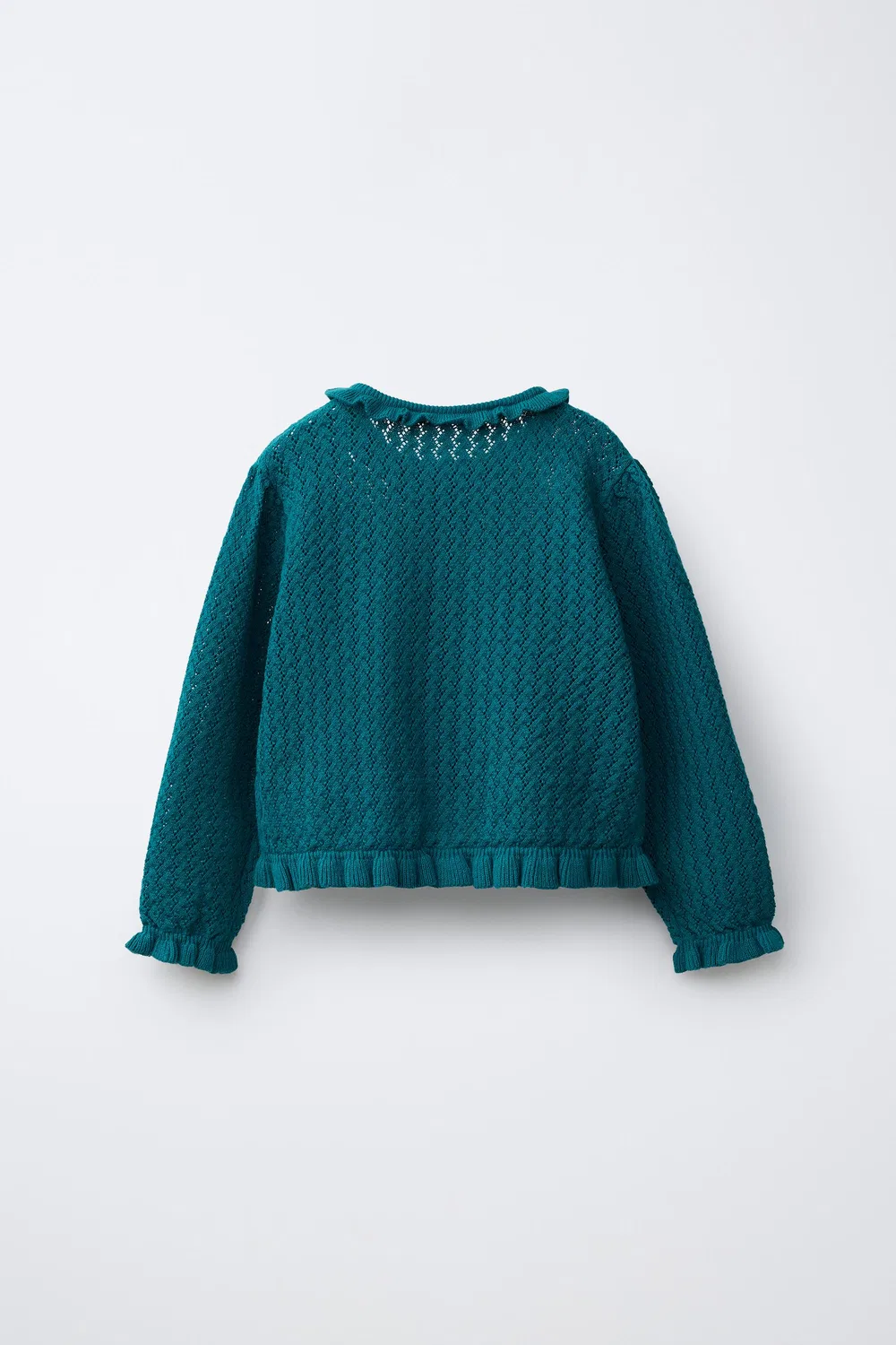 Кардиган из хлопка и льна с оборками и вышивкой. ZARA, Duck green — фото 2