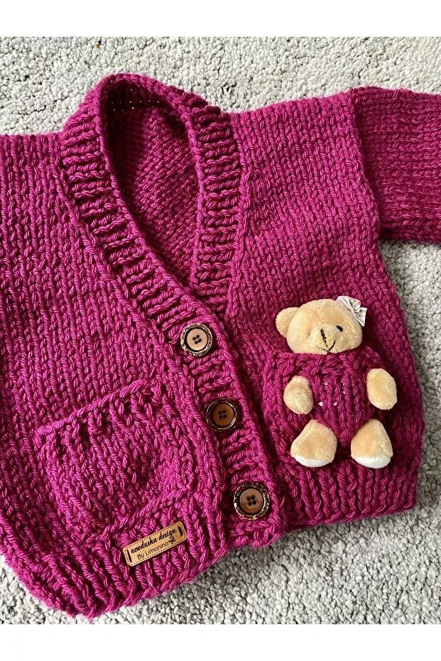Детский кардиган для девочек с принтом Hand Knitted Teddy Bear Detailed Nevalin, Pink — фото 2