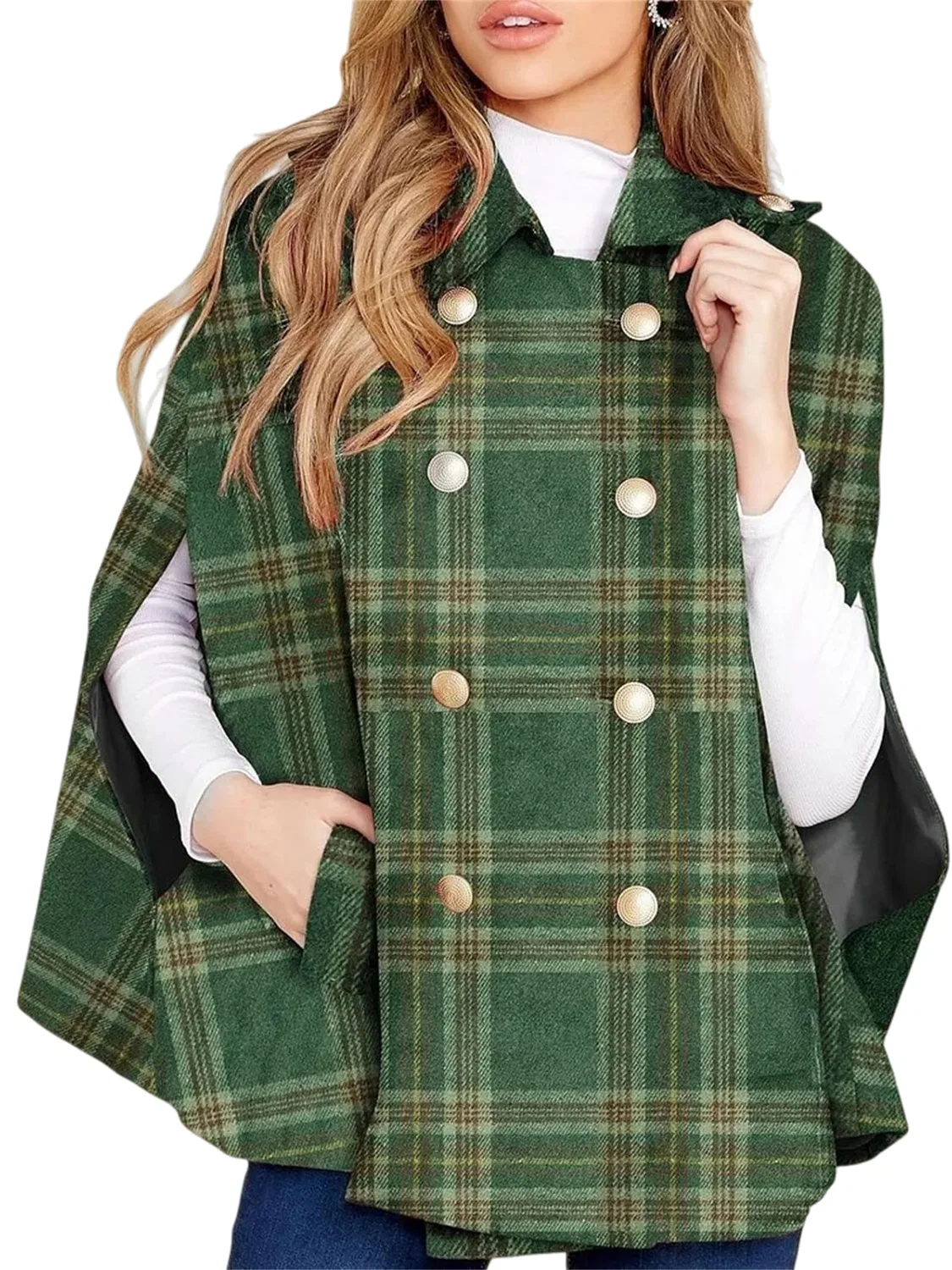 Женское пальто-пончо с принтом Winter Plaid, green
