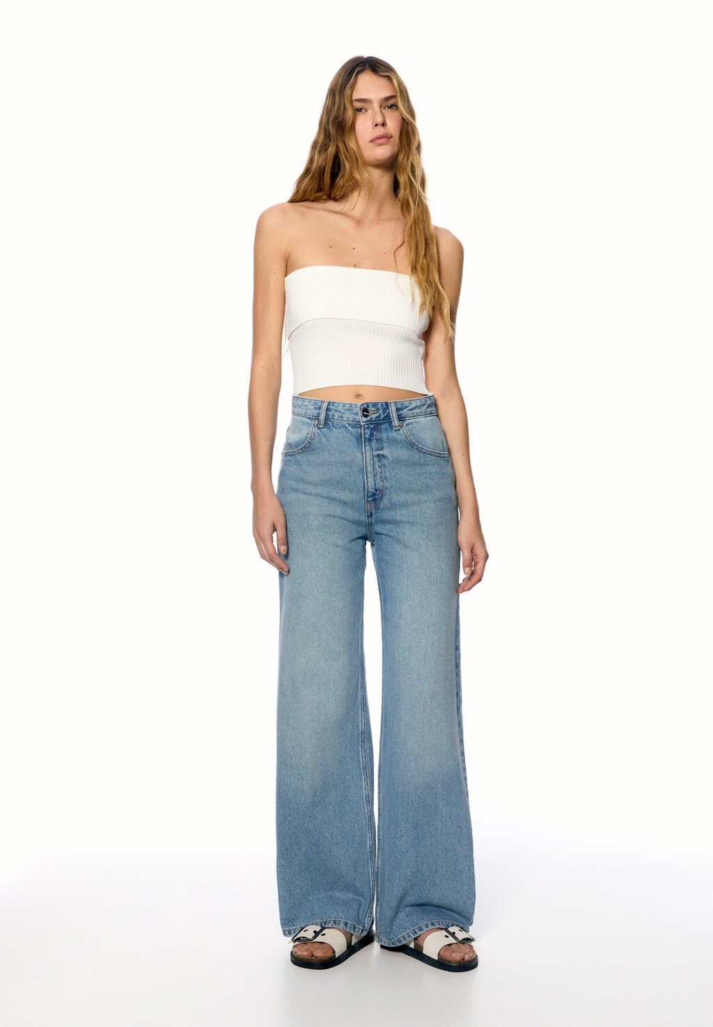 

Широкие джинсы High Waist PULL&BEAR, синие