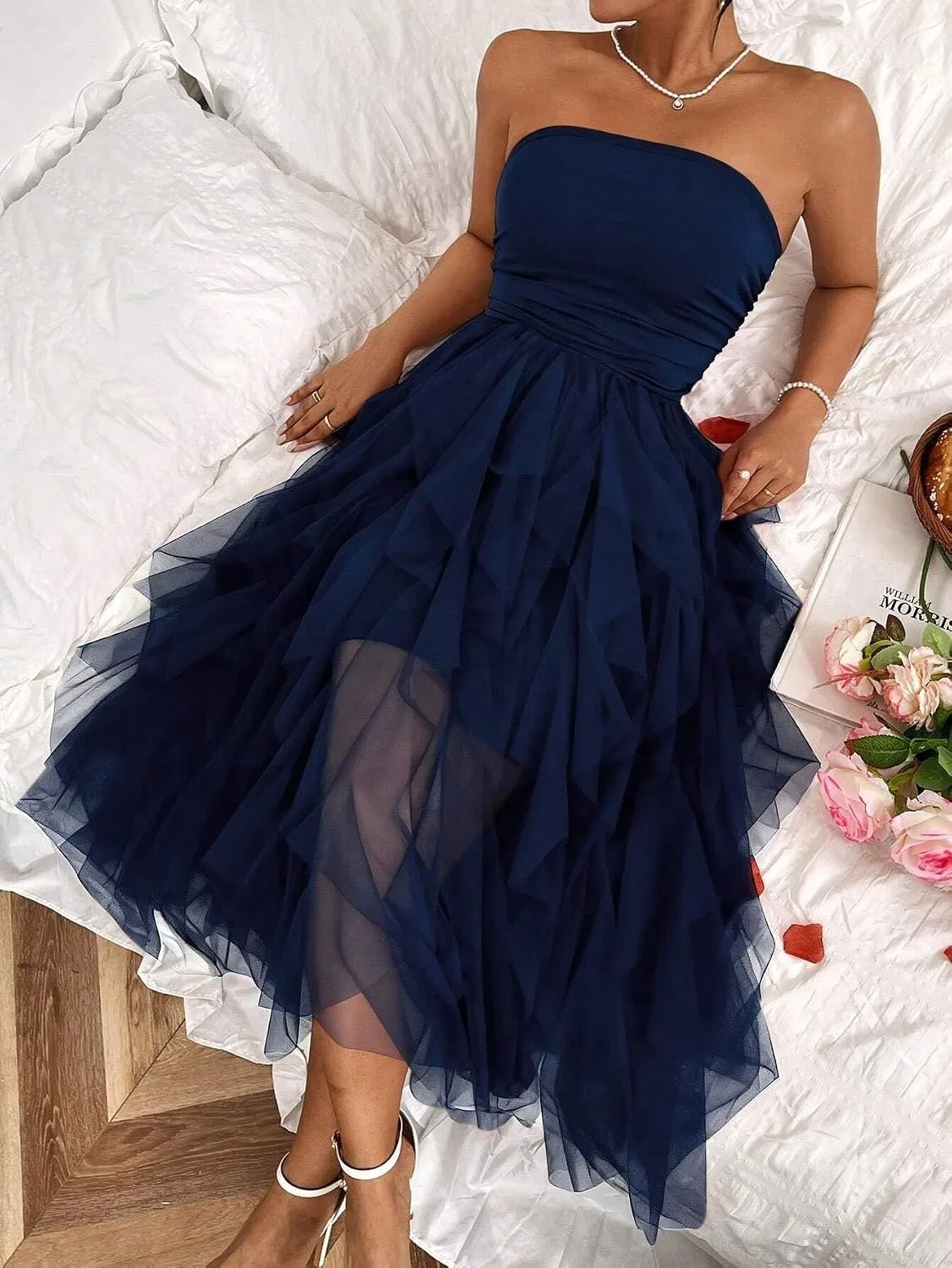 Женское A-силуэта миди платье с сетчатой вставкой, Navy Blue — фото 2