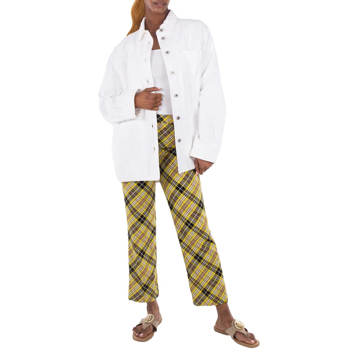 Укороченные брюки из технической шерсти в клетку Burberry, Marigold Yellow Chk — фото 4