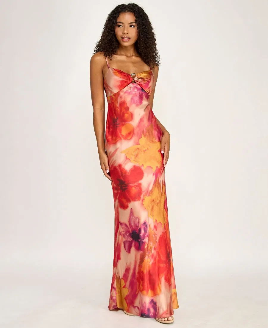 Платье-комбинация с принтом, модель Hardware-Trim Satin Slip Dress SENI & CADE, Red Yellow — фото 2