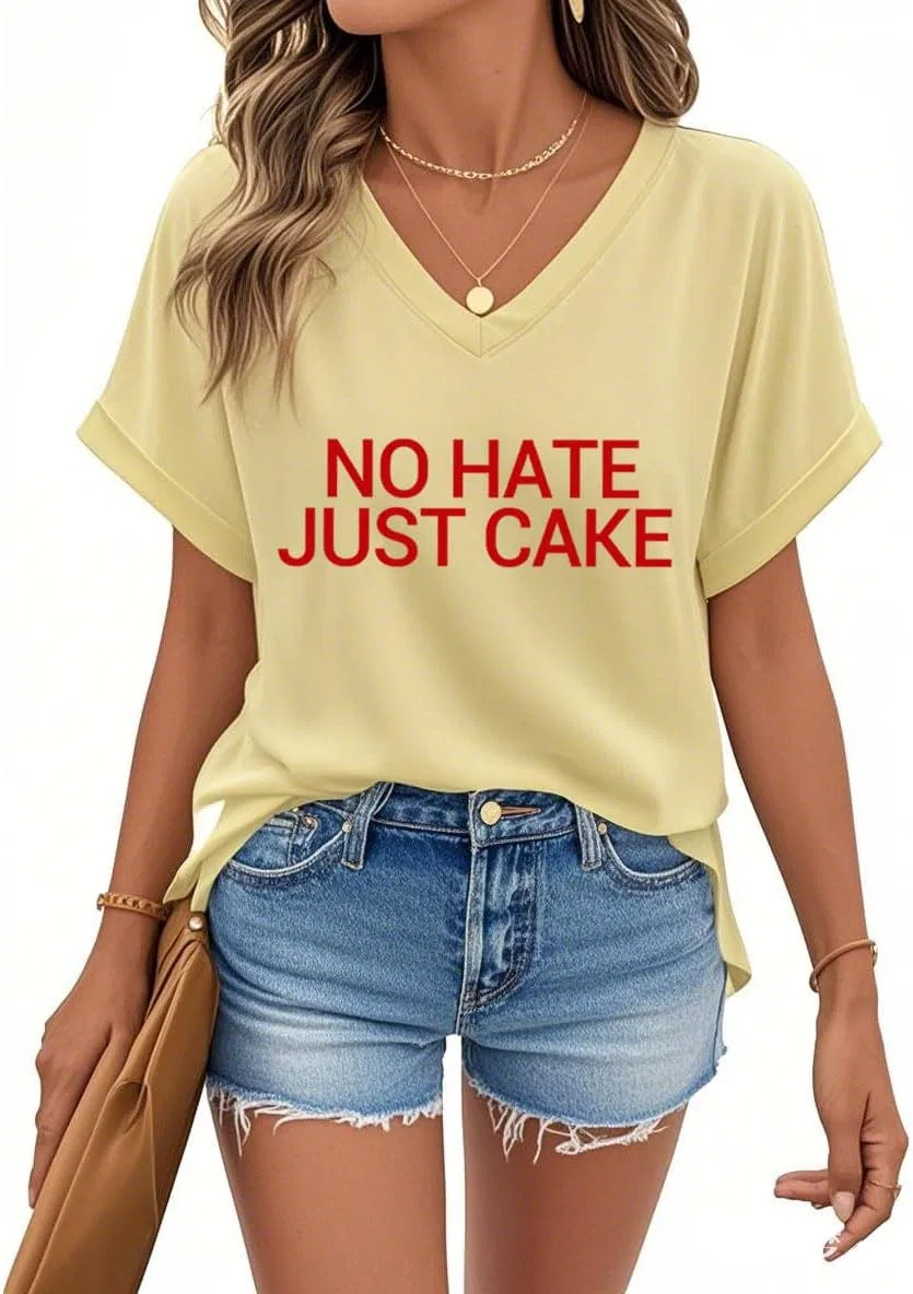 Женская футболка с принтом No Hate Just Cake, Creamy Yellow — фото 2