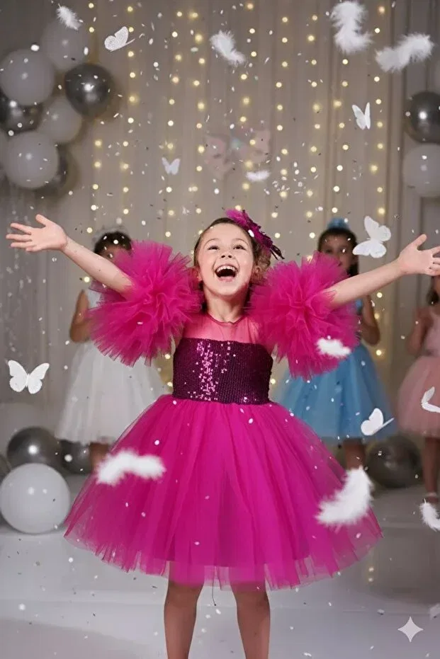 Детское платье для девочек без рукавов Fuchsia color children's evening dress with sleeve detail and pompom buckle aby458 Abiyekids, Dry Cleaning Only — фото 4