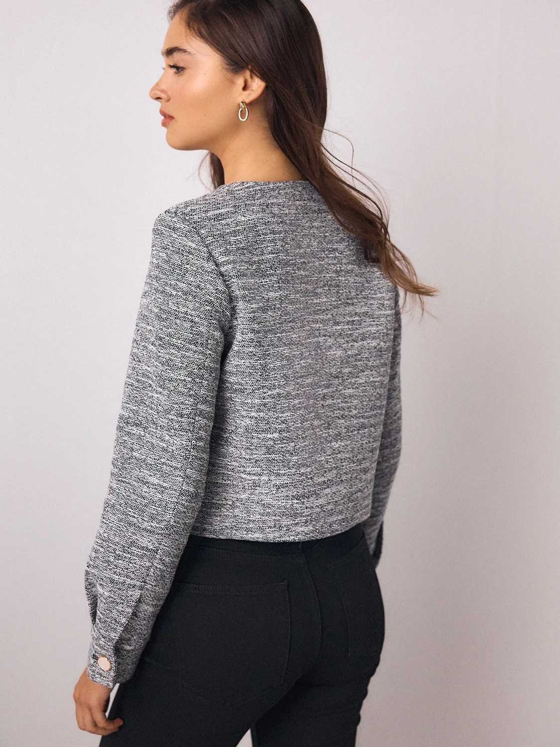 Жакет колорлесс из букле, модель Blue Marl Boucle Scallop Collarless Next, голубой — фото 2