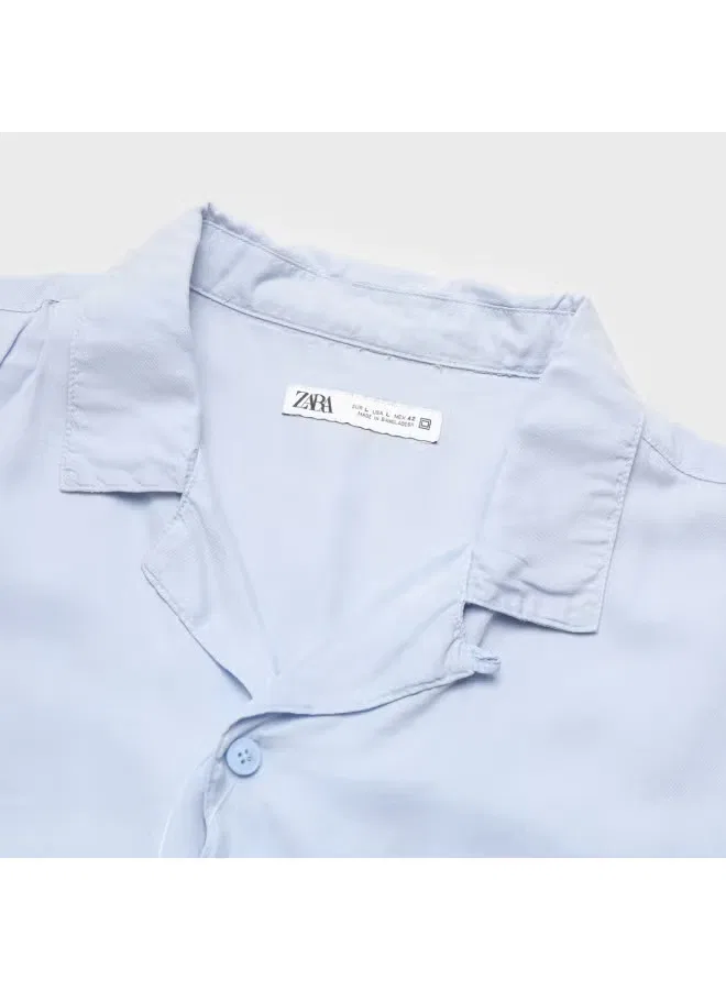 Рубашка с коротким рукавом с вышивкой и принтом Zara, синяя — фото 4