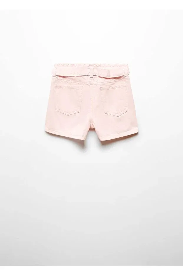 Детские шорты для девочек джинсовые Paperbag Belted Shorts Mango Kids, Pastel Pink — фото 3