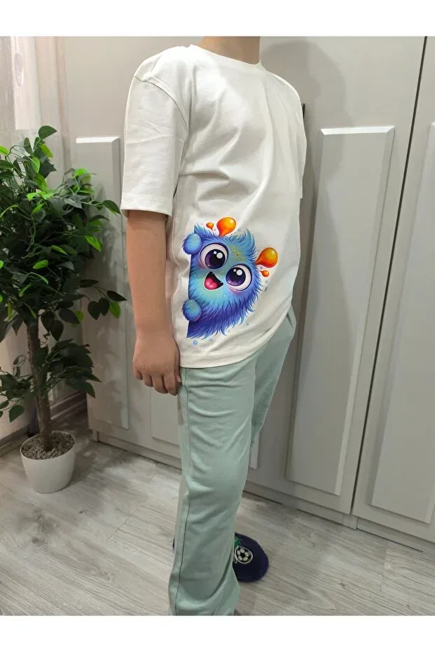 Детский комплект из футболки и брюк с принтом Cute Monster Pidal Giyim, Top Ecru, Bottom Water Green