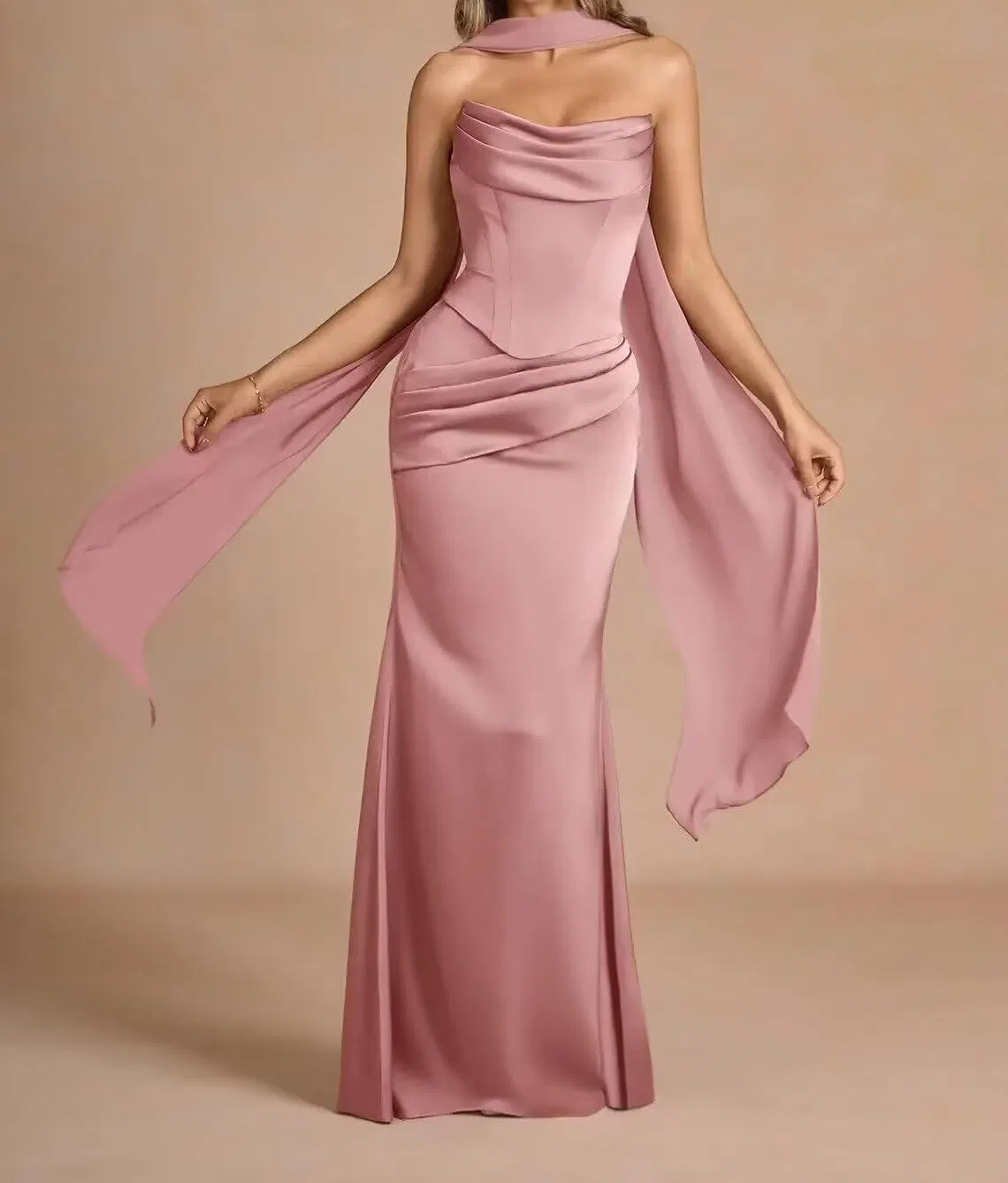 Женское вечернее платье-русалка без бретелек Satin, Peacock — фото 3