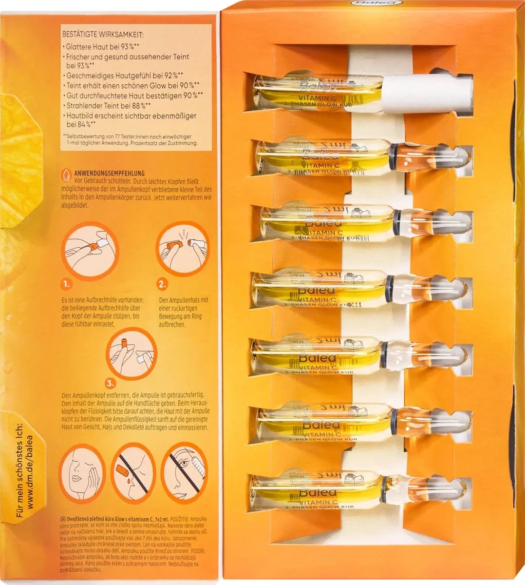 Набор ампул GLOW KUR VITAMIN C 2-Phase с маслом миндаля 14 мл + лосьон для тела Flower Dream 2x200 мл, Balea — фото 2