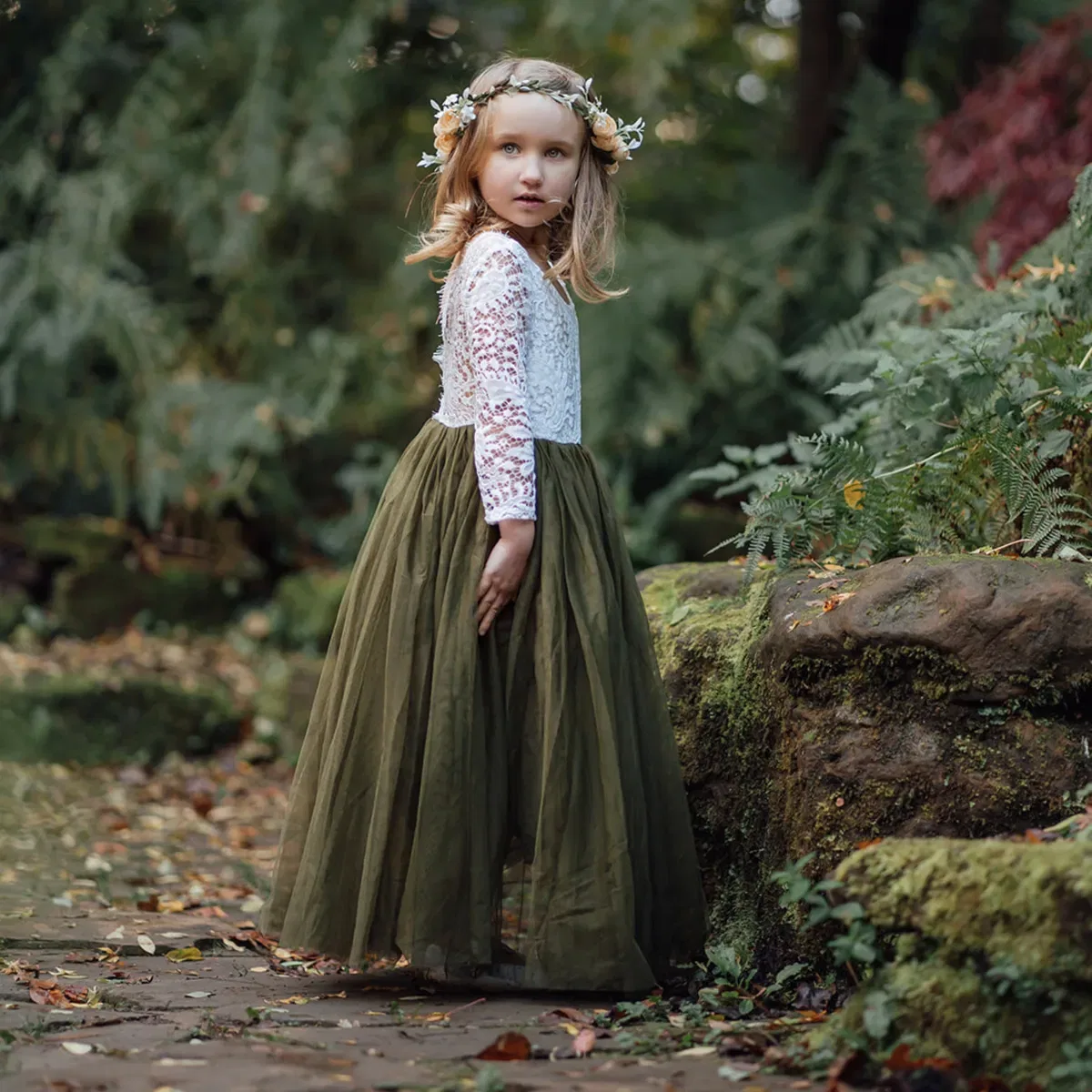 Детское классическое платье с длинным рукавом Uk Flower Girl Boutique, Olive — фото 2