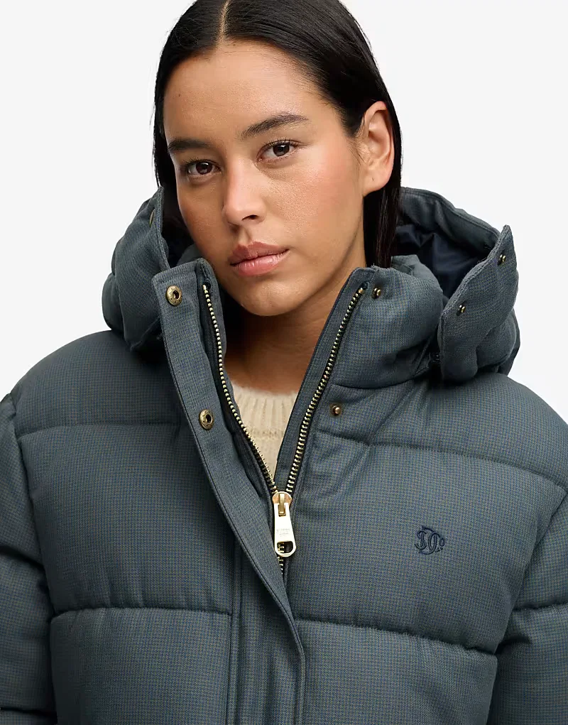Пуховая куртка Superdry Premium с капюшоном в клетку оливково-синий — фото 3