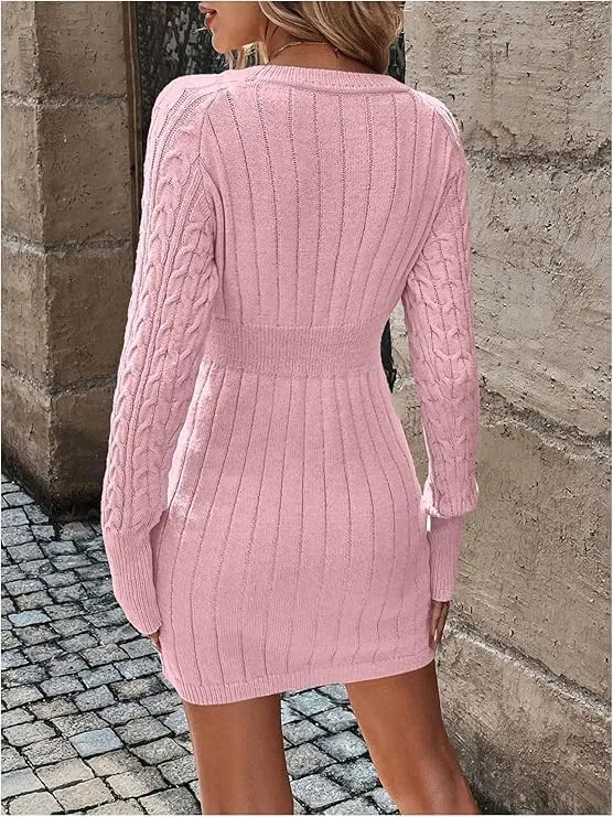 Женское облегающее платье с кабельным вязанием, Pink — фото 4