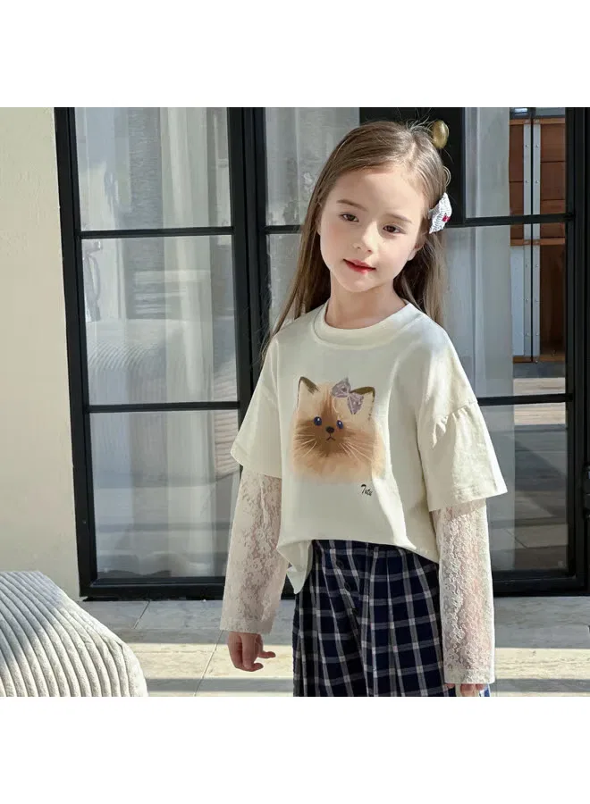 Лонгслив с кружевом с faux two-piece дизайном Tu Tu Xiao Xiang, бежевый