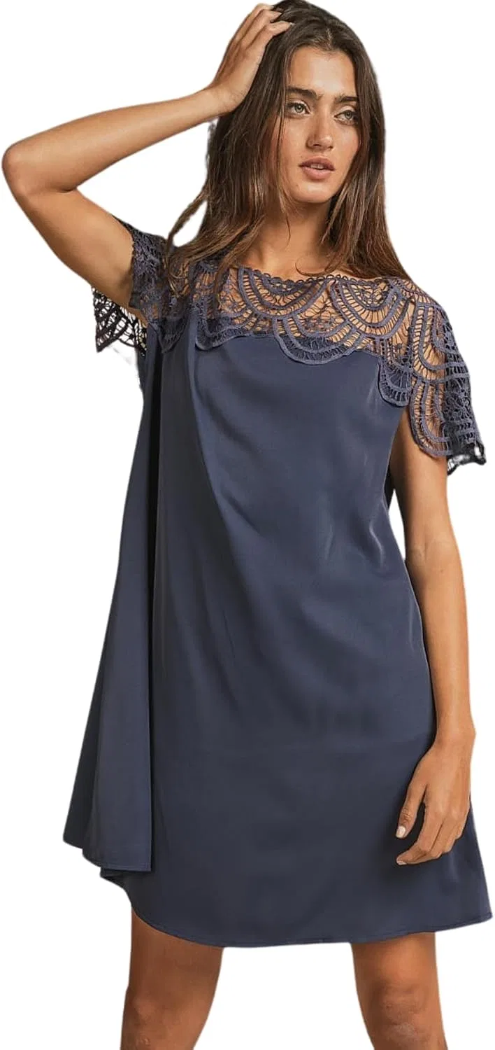Женское платье А-силуэта с кружевной кокеткой Crochet Lace Yoke Detailed Wrinkled Dress, Deep Navy